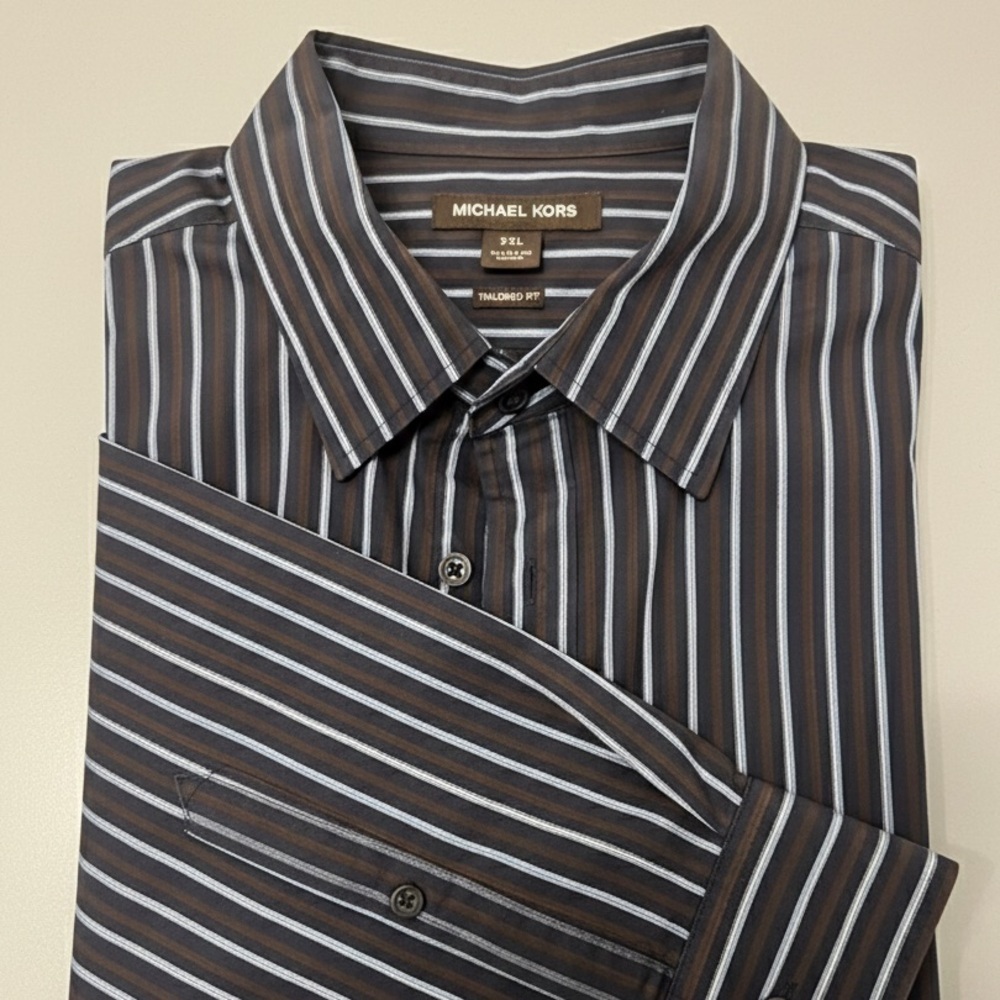 Michael Kors Men's navy and brown Striped Dress Shirt - 2XL